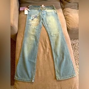 New Women's Fancy Collection Blue Boyfriend Jeans Embroidered Denim Pants Sz 27